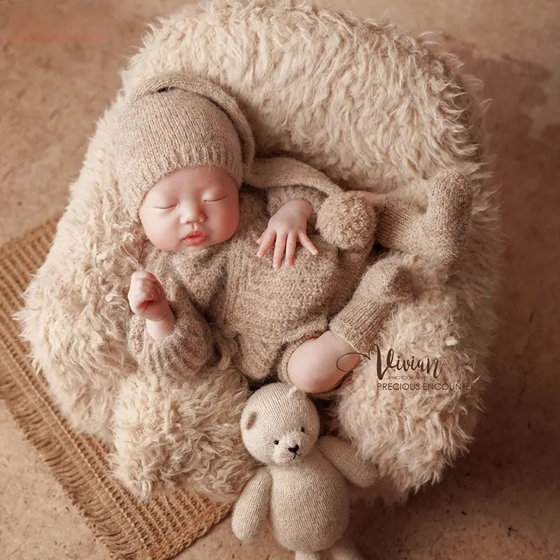 Khaki Vintage Knitted Furry Sofa Set - Newborn Photography Props - Image 2